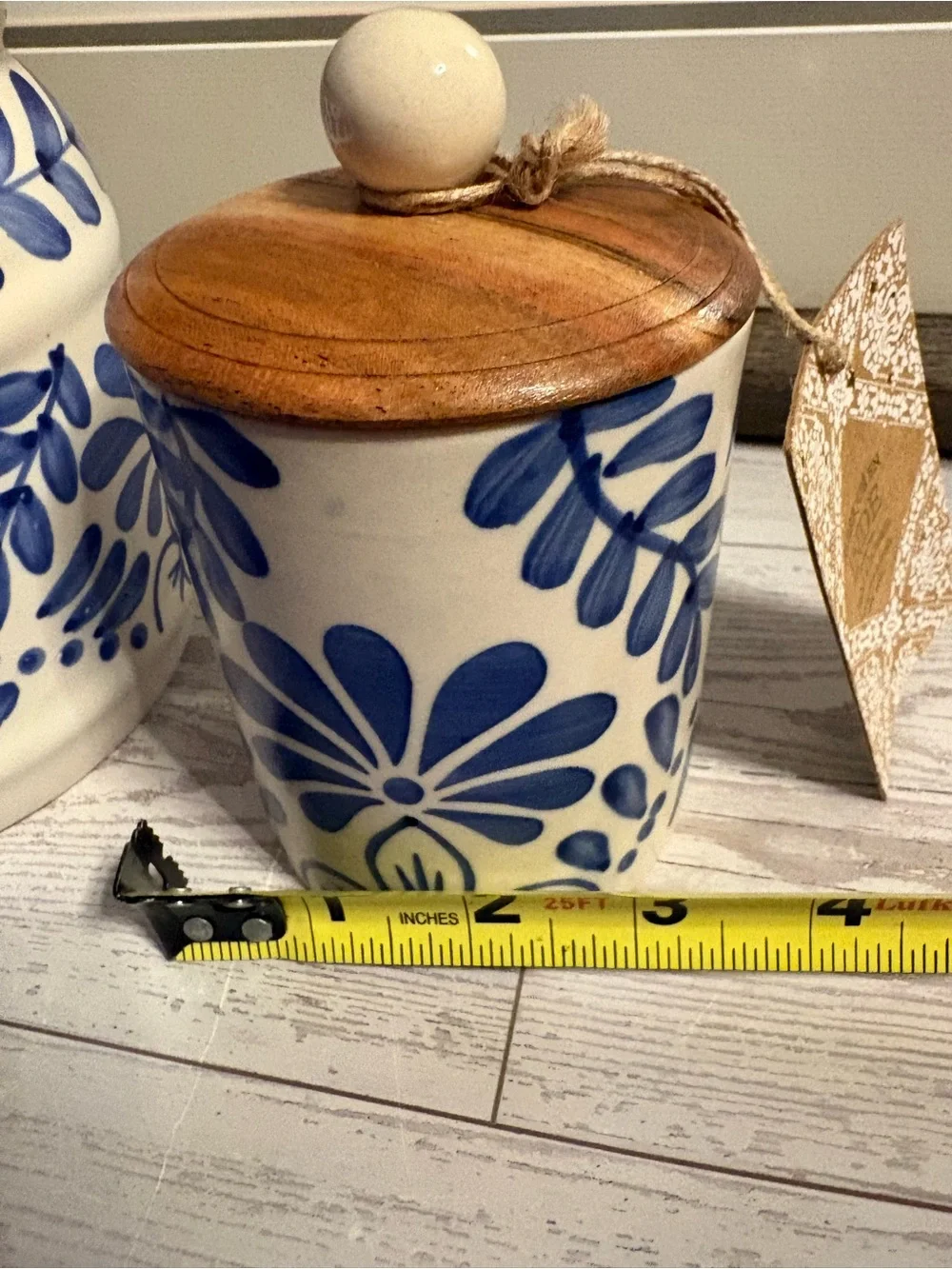 Blue Floral Ceramic Canister set with Wood Lid - White and Blue